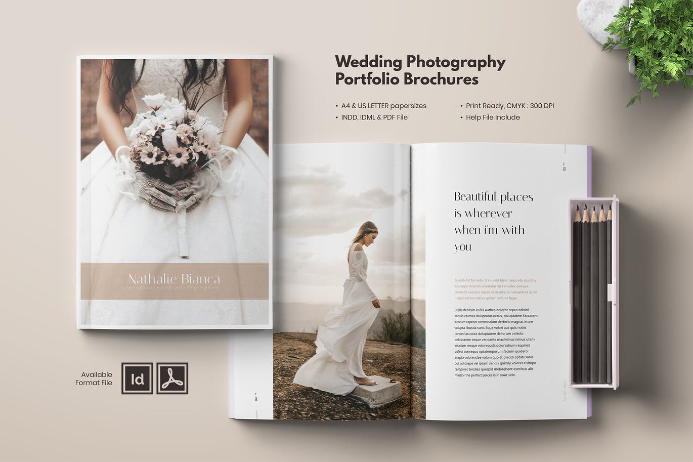 优雅清新简约婚礼摄影作品集手册画册宣传册杂志设计模板