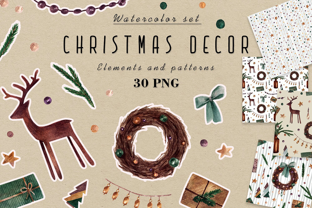 圣诞装饰水彩剪贴画