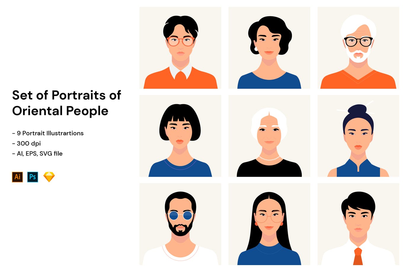 高品质的时尚高端矢量肖像头像集合-AI, EPS, SVG