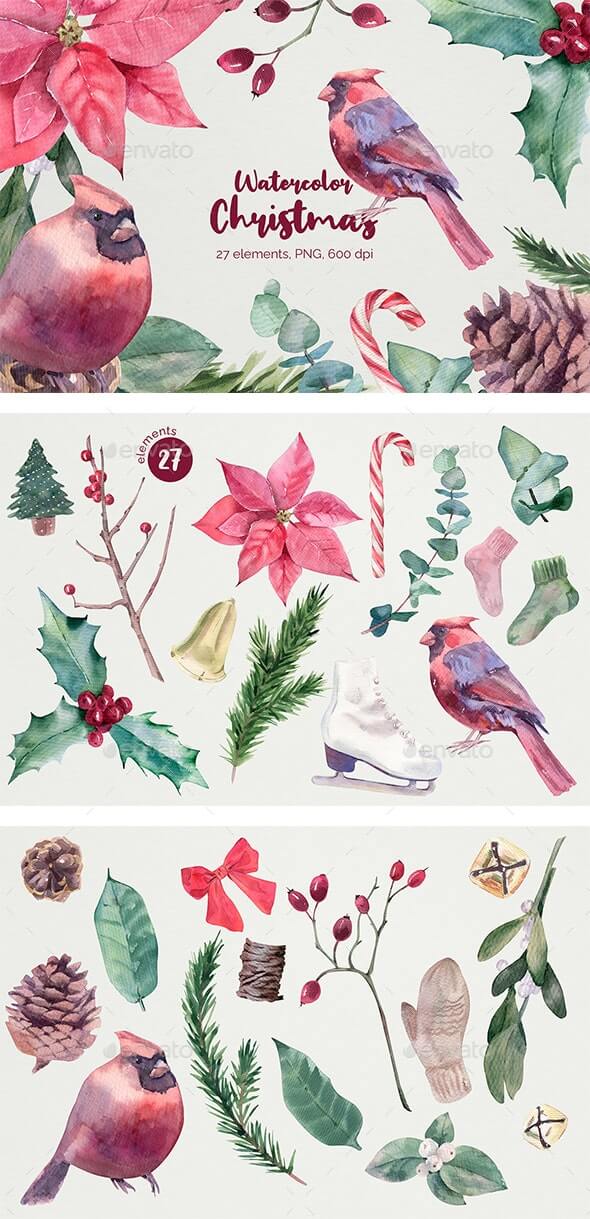 圣诞元素水彩插画套装