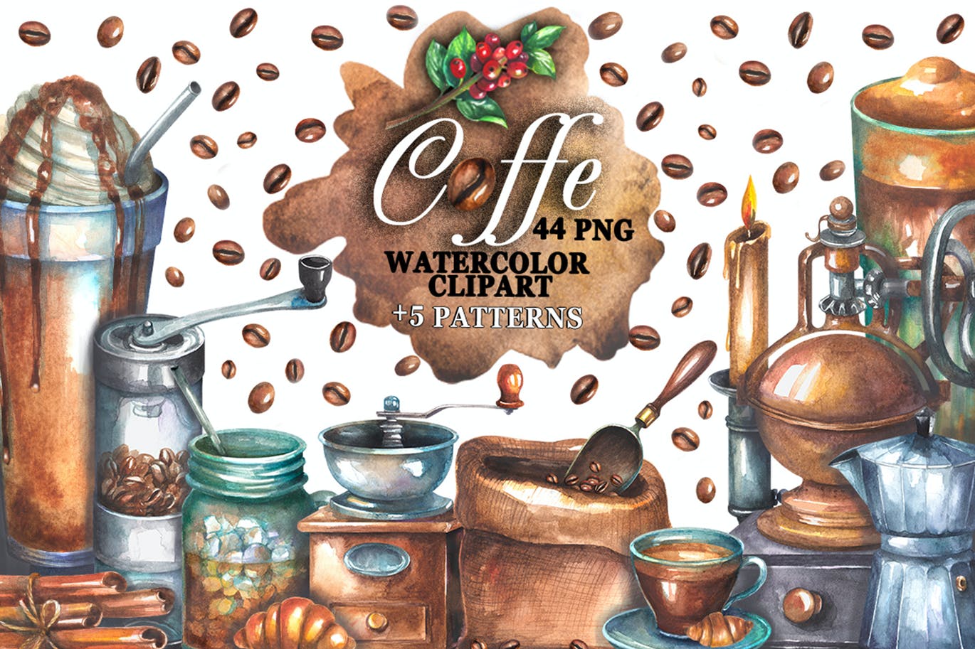 时尚高端少见稀有手绘水彩风格咖啡插画集合