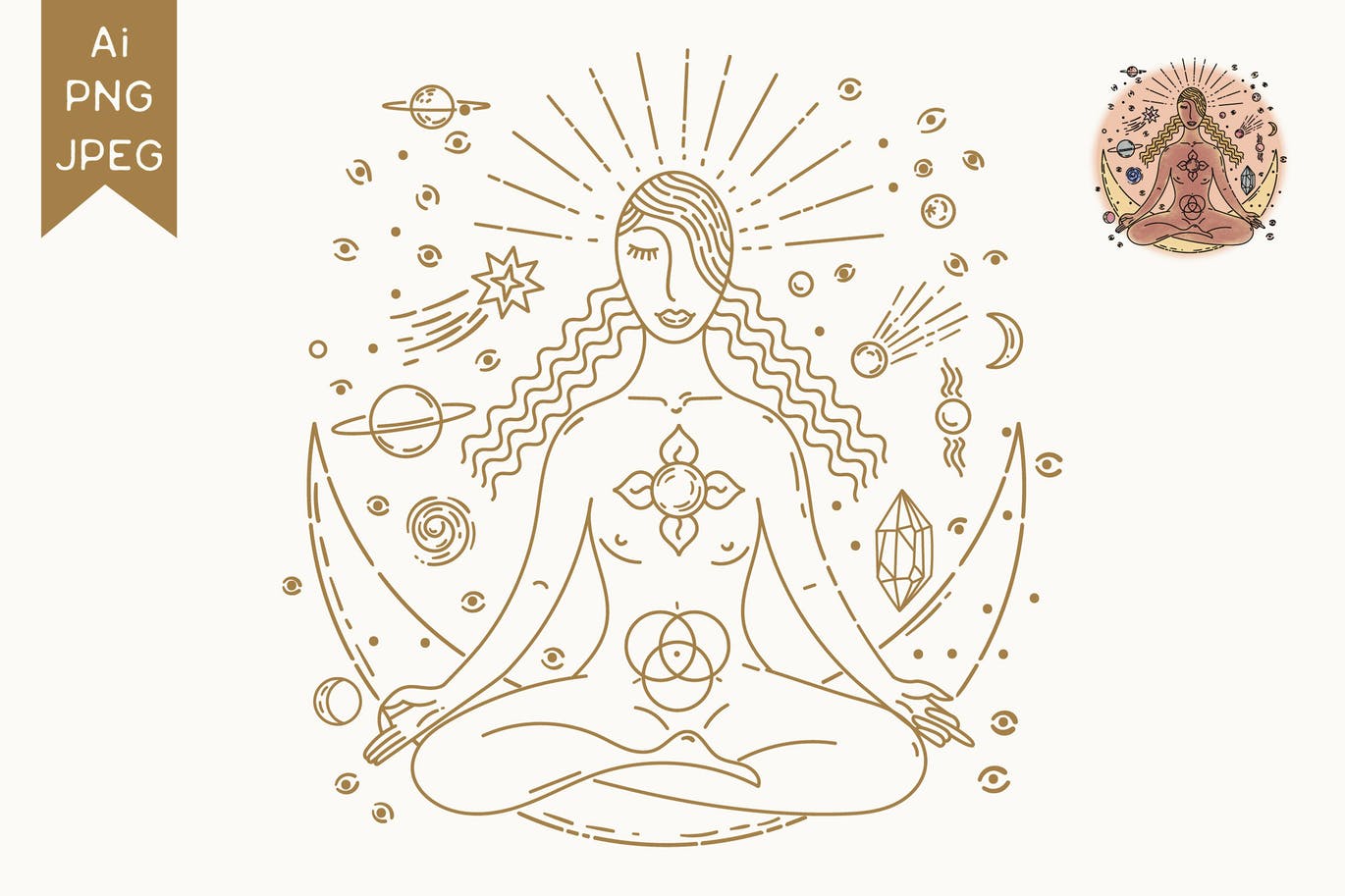 瑜伽冥想姿势女孩矢量插画-AI, JPG, PNG