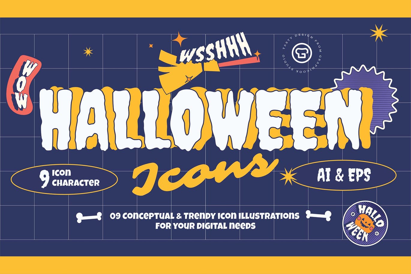 可爱时尚的高品质万圣节贴纸矢量插画集合-AI，EPS