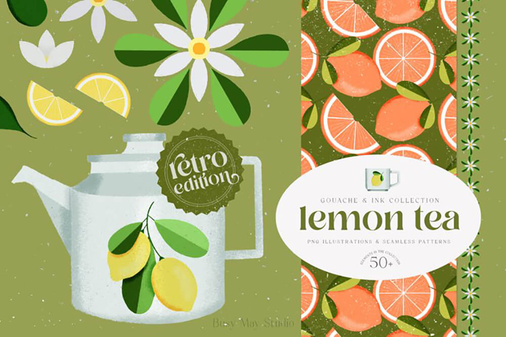 柠檬茶系列水粉插画图案素材