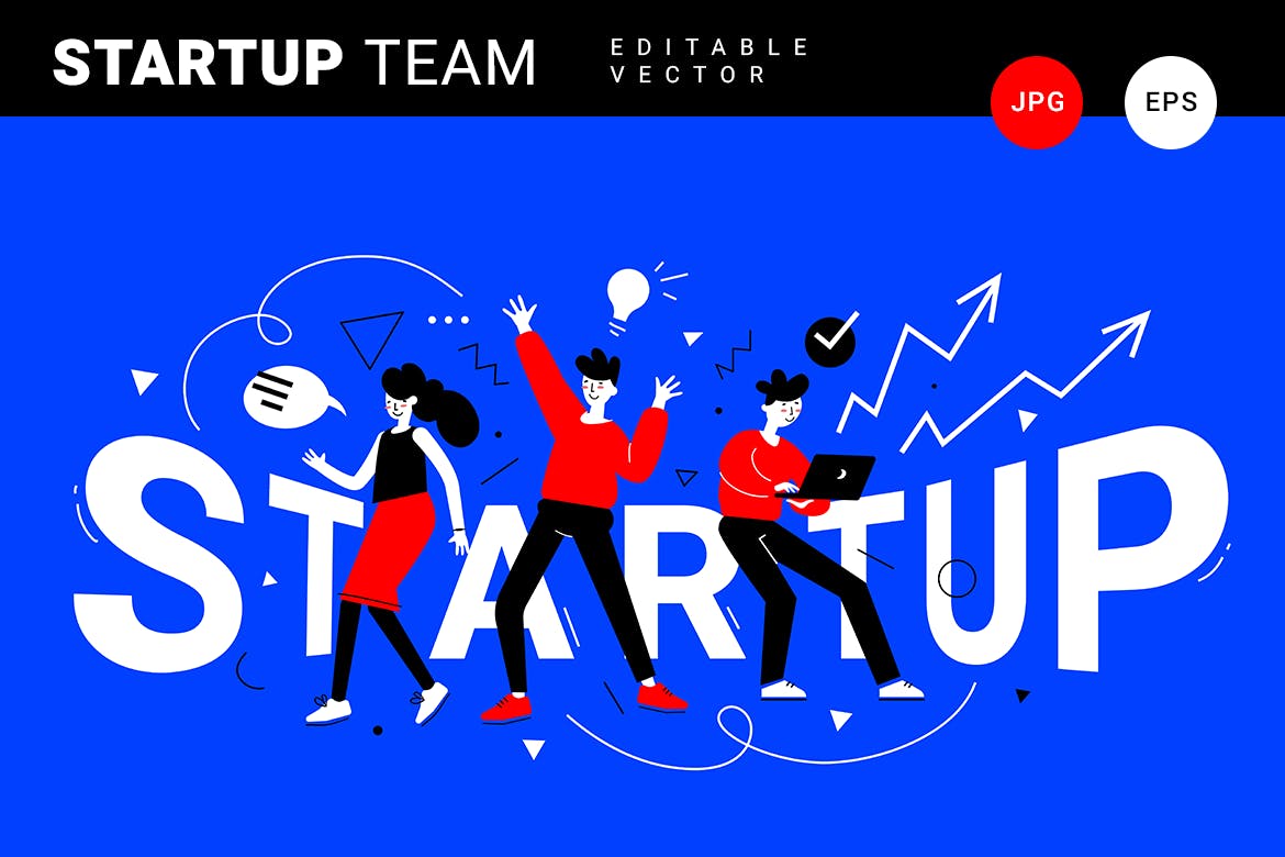 时尚高端扁平化风格创业团队矢量插画设计模板