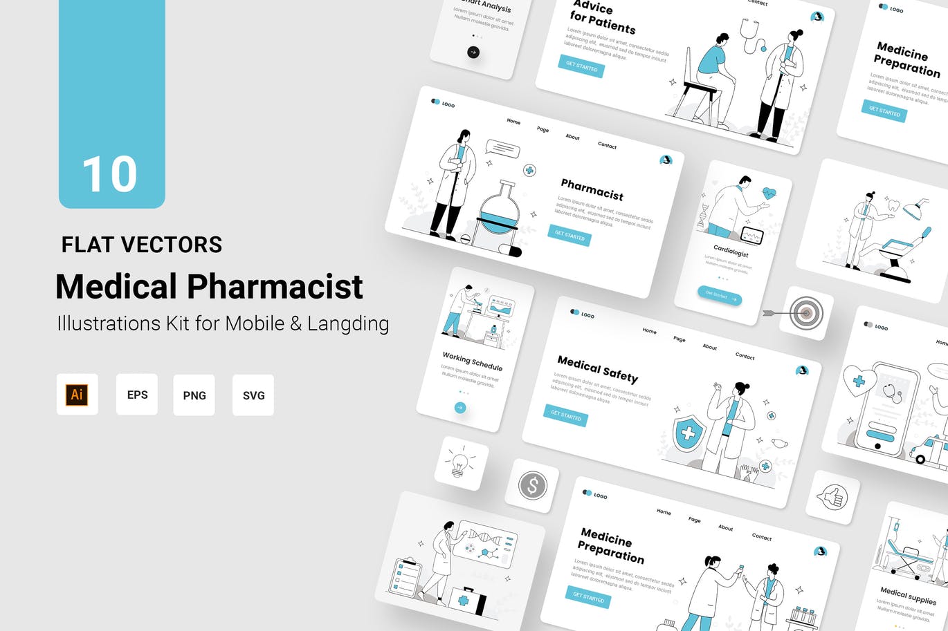 时尚高端简约医学医院医生健康UI插画banner着陆页海报设计模板-AI，EPS