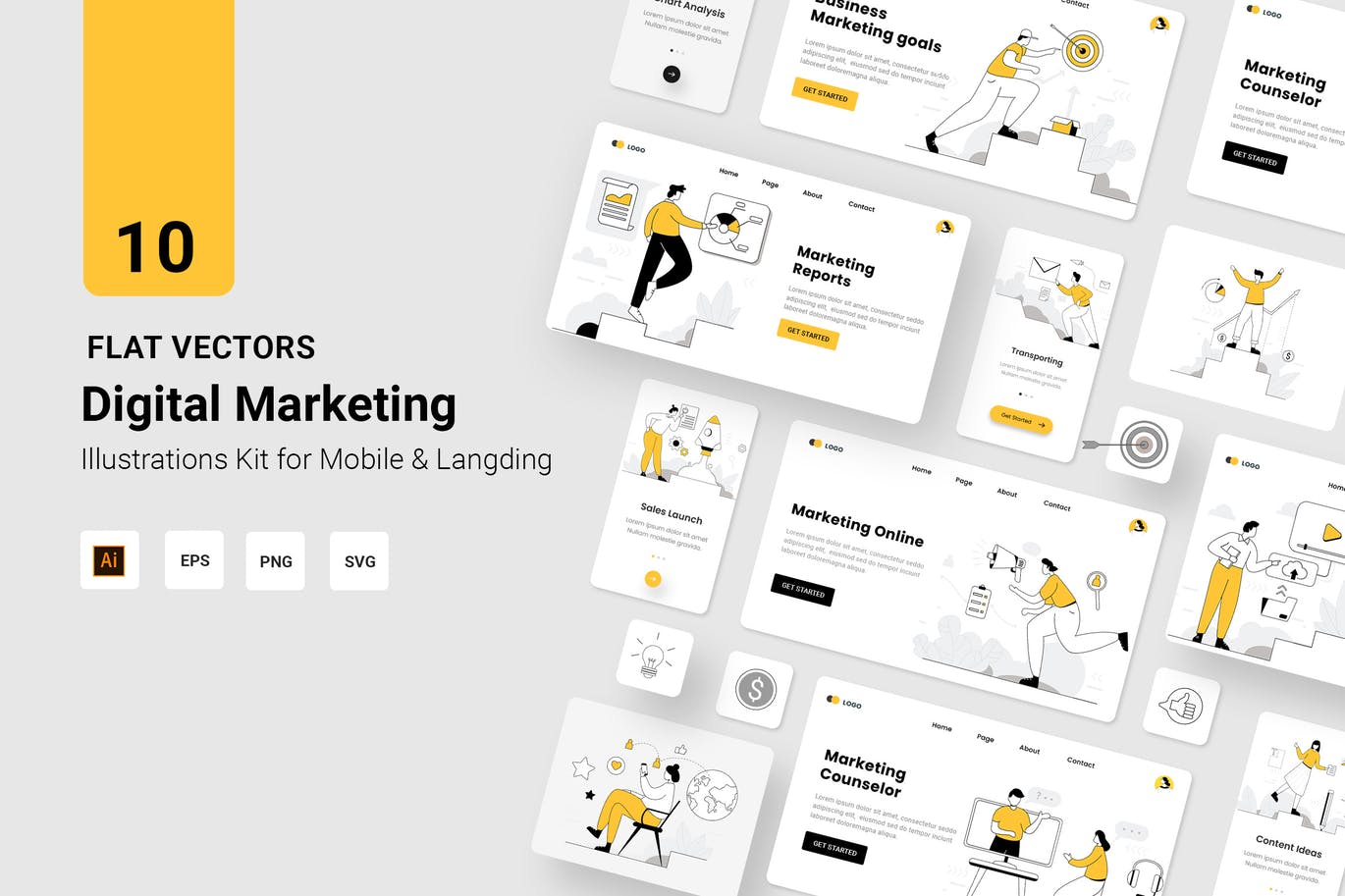 时尚高端专业的高品质数字营销矢量UI插画banner着陆页海报设计模板集合-AI，EPS