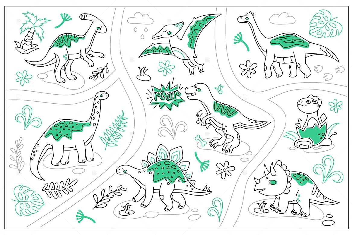 时尚高端可爱恐龙矢量插画集合