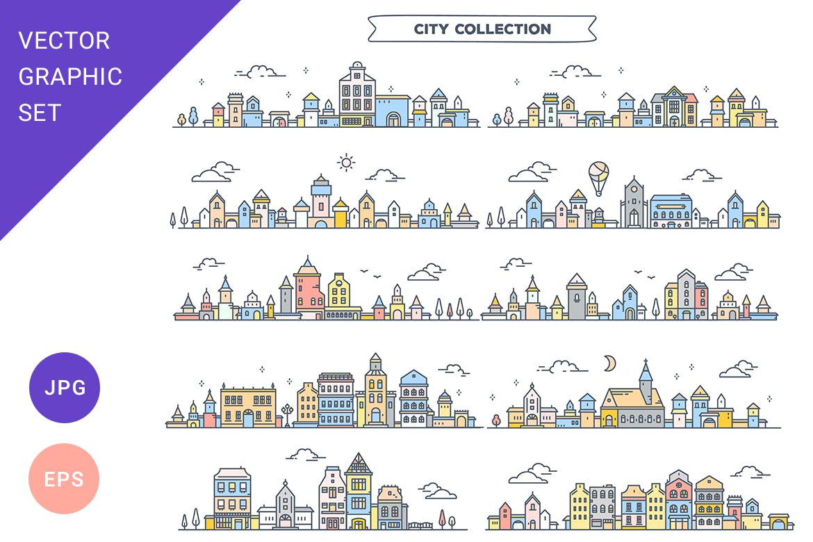 时尚清新简约高端城市街道矢量插画集合-EPS，JPG