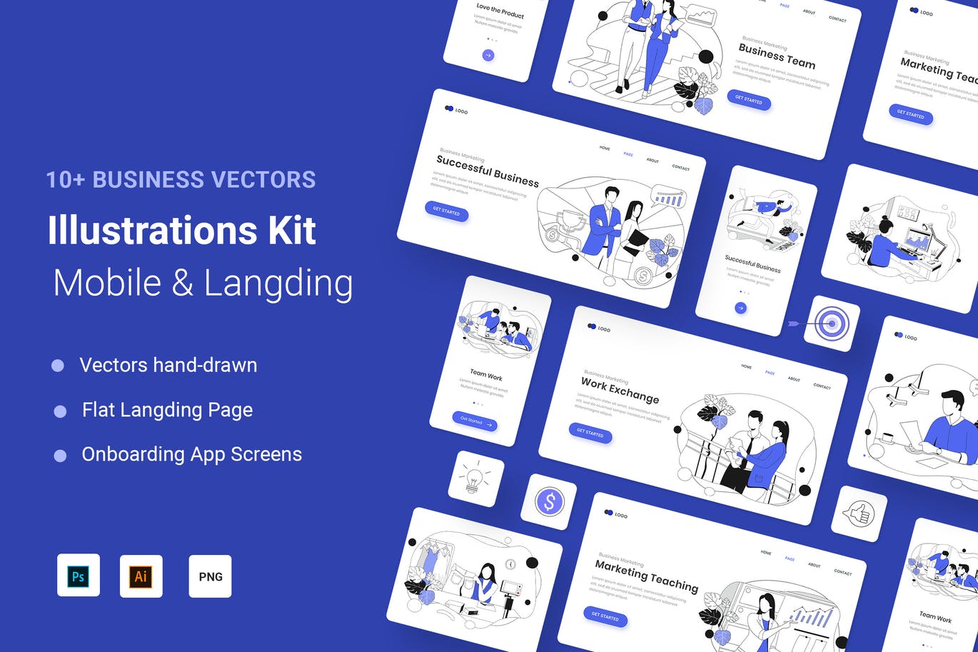 时尚简约好用的扁平化风格营销UI插画海报banner着陆页设计模板集合vol.2-AI，EPS，PNG，PSD，SVG