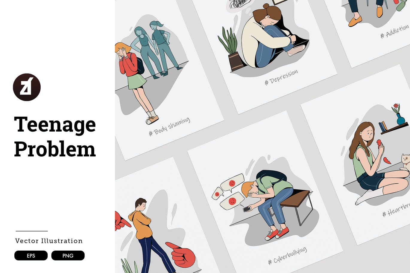 青少年儿童校园暴力冷暴力矢量插画集合