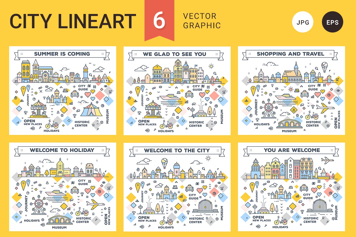 高端清新简约时尚城市线稿UI矢量插画集合