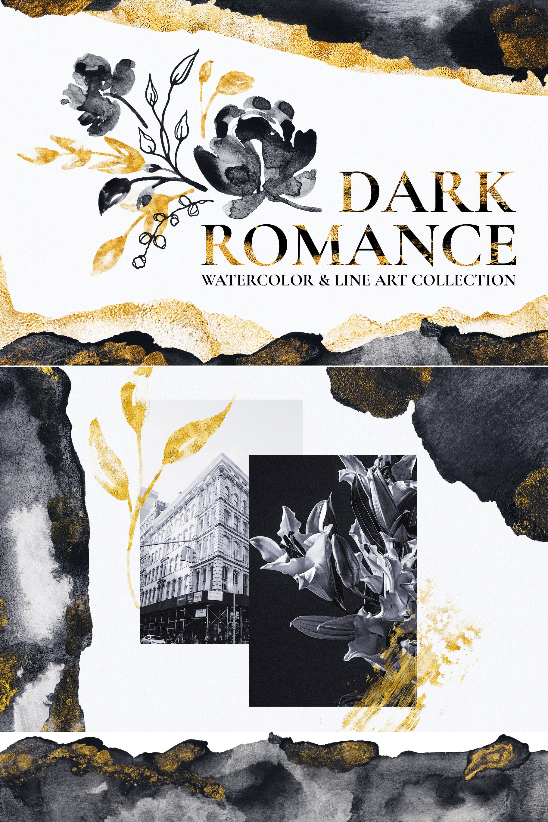 典雅的黑色&黄金水彩花卉插画套件[1.39GB]