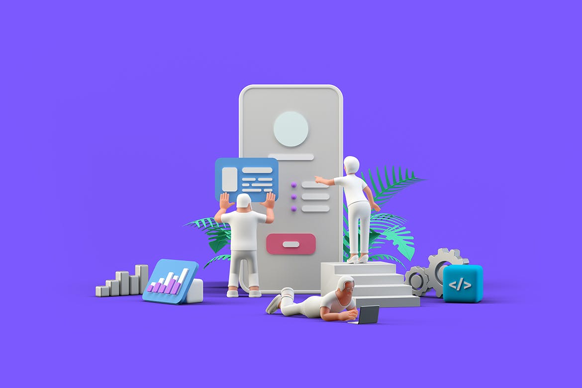 3D立体Ui Ux设计团队使用移动应用程序插图插画