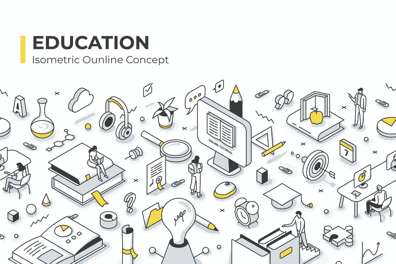 高品质的3D立体2.5D等轴等距教育banner详情页矢量插画设计模板-EPS、PDF、PNG、JPG