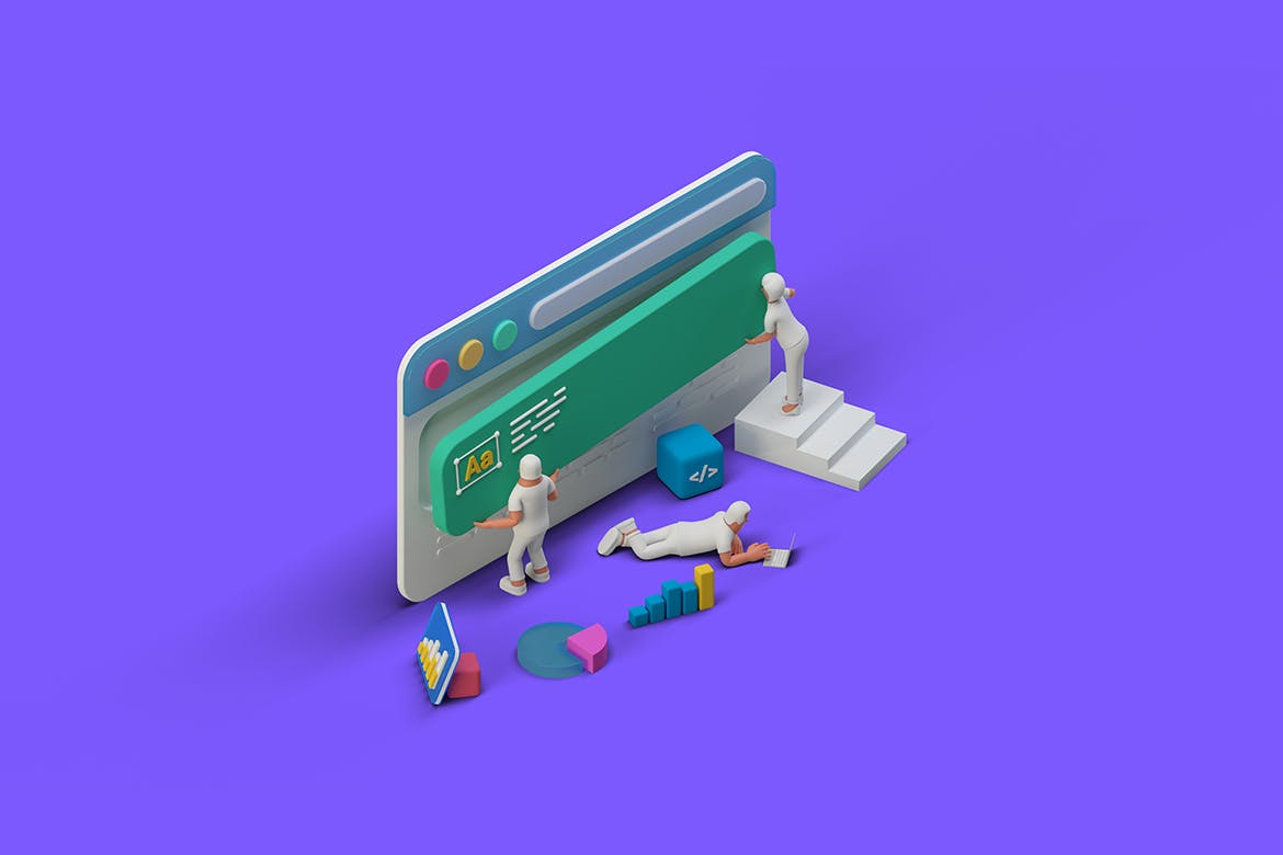 时尚高端3D立体2.5D等轴等距插画场景-PSD，PNG，JPG