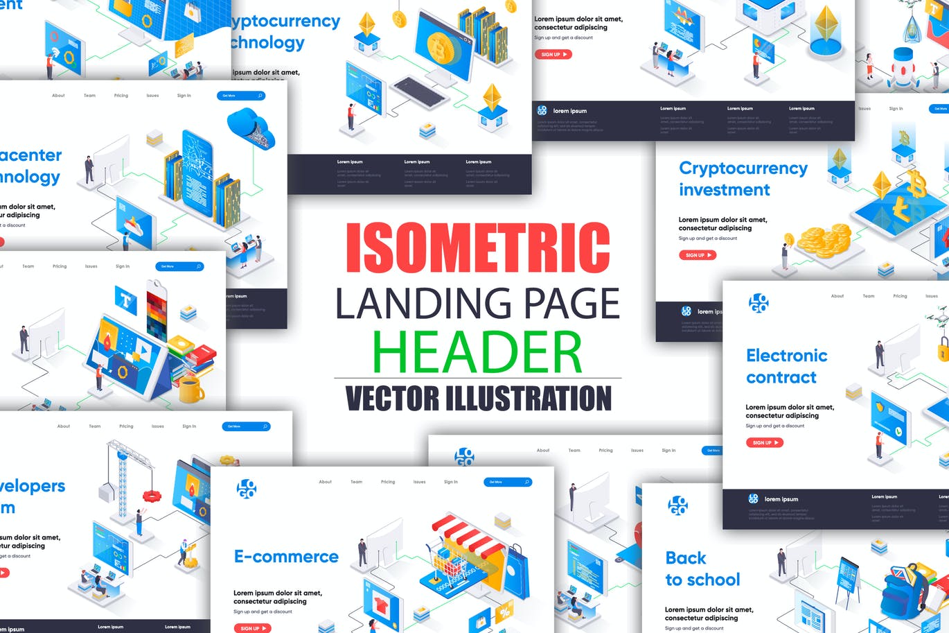 2.5D等轴等距3D立体banner着陆页UI插画设计模板集合-AI，EPS，JPG，PNG，PDF，SVG