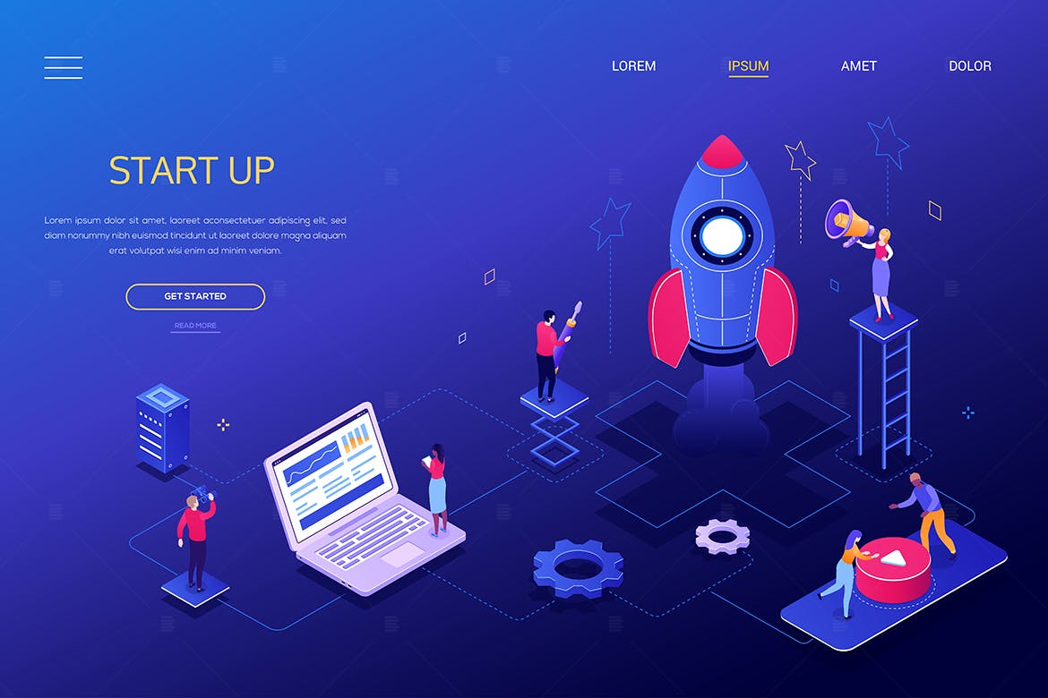 2.5D火箭启动意思的创意现代彩色等距网页横幅