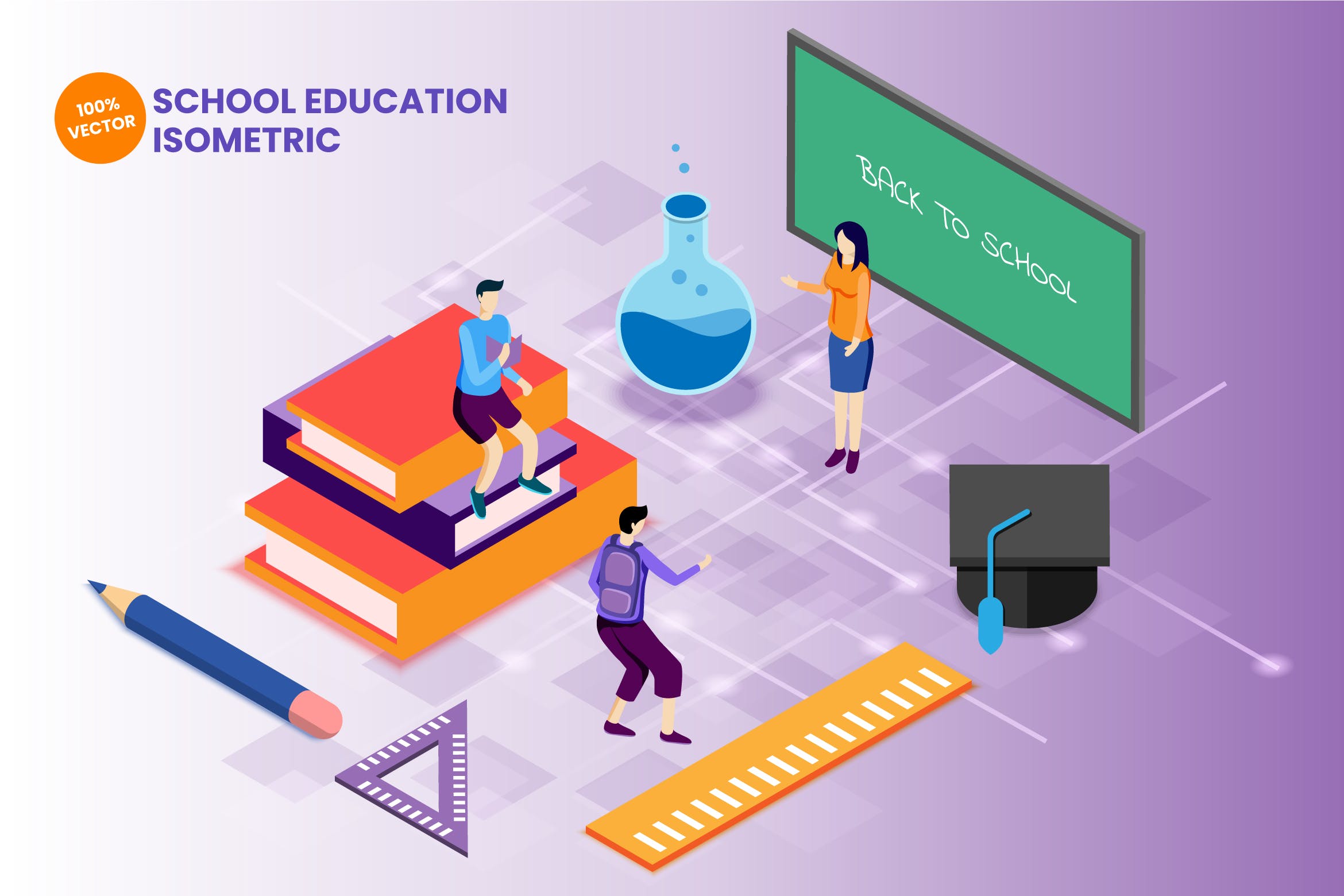 2.5D学校课教育网课在线教育插画素材下载（Ai）