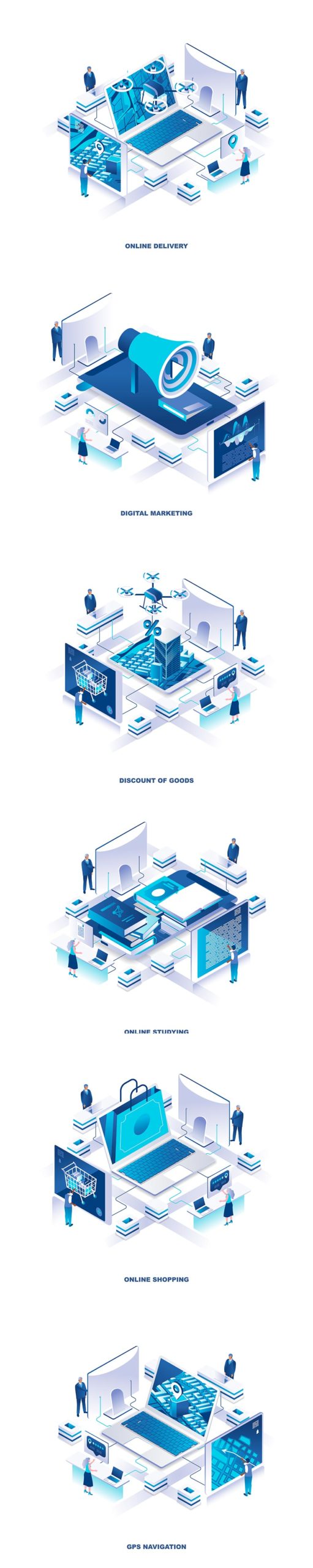 多用途的时尚高端清新简约2.5D等轴等距3D立体插画海报banner着落页设计模板集合（AI，EPS，JPG，PNG，PDF，SVG）
