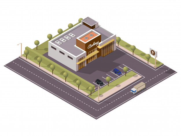 2.5风格面包房等距建筑设计插画