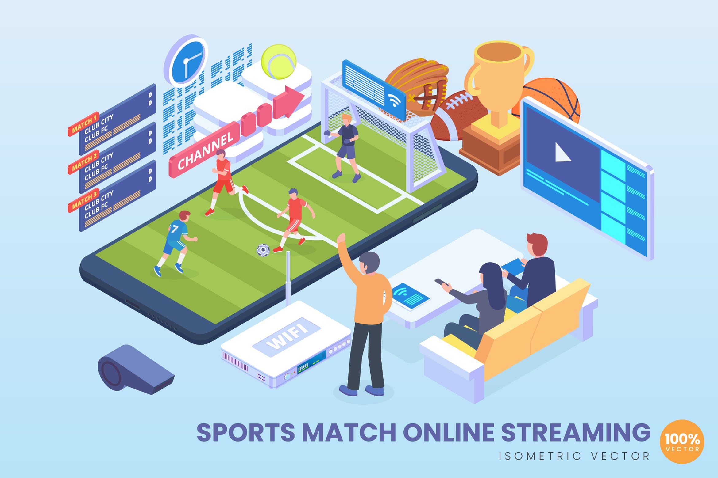 2.5风格的体育比赛在线直播矢量插画素材下载[Ai]