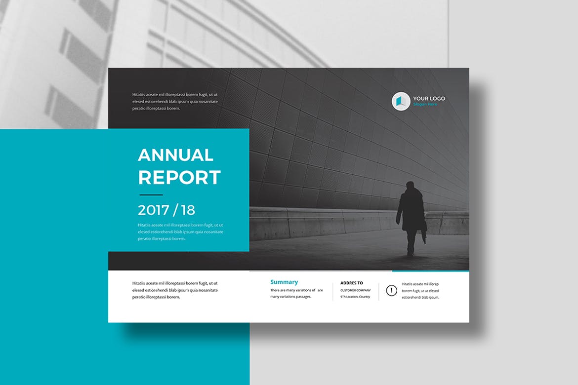 A4与A5尺寸蓝色横版年度报告画册品牌手册杂志设计模板（indd）