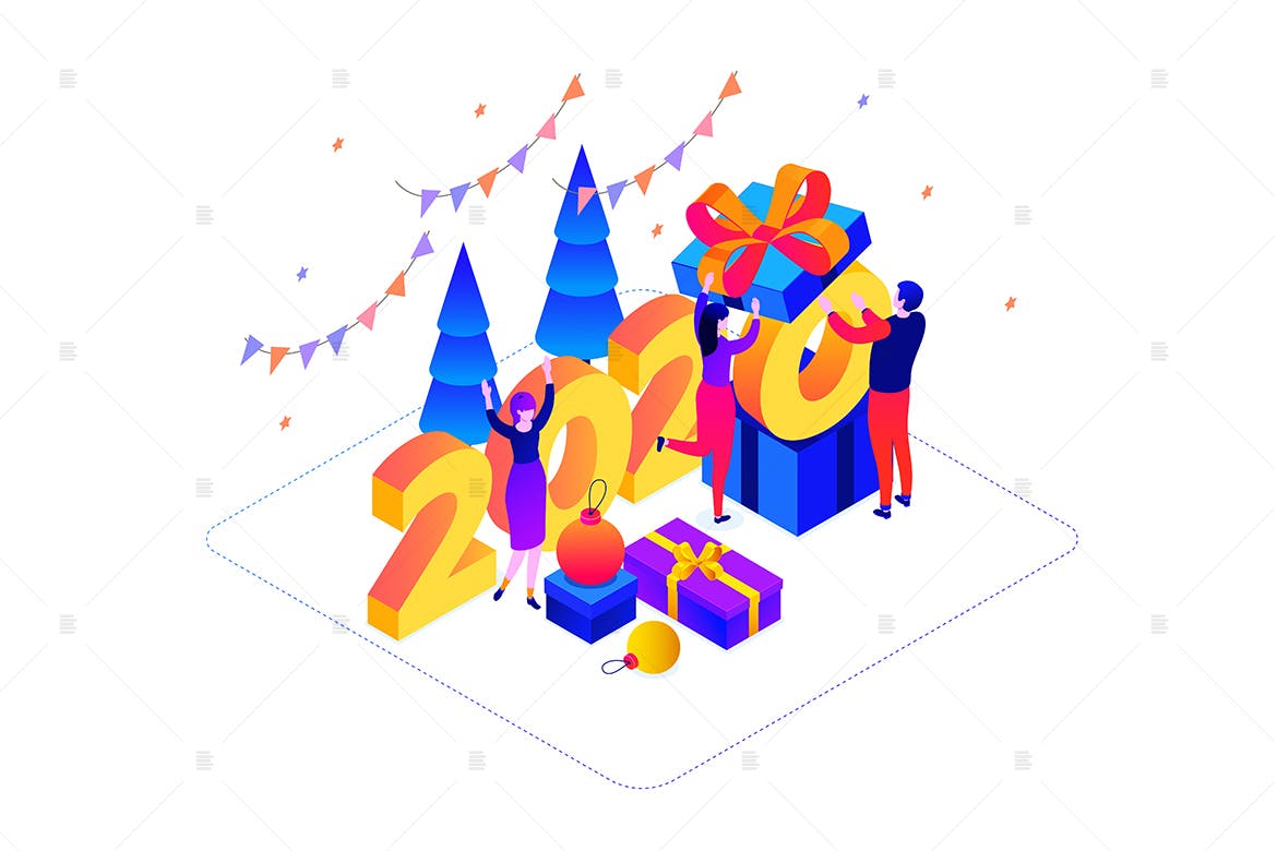 2.5D风格新年庆祝活动等距矢量插画[EPS]