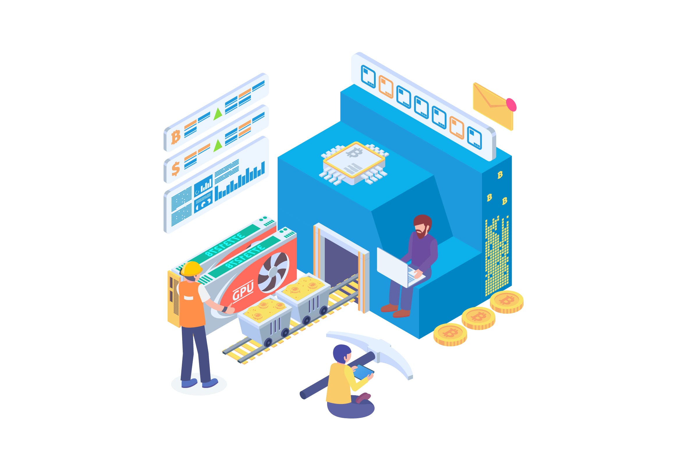 2.5D风格比特币采矿技术等距矢量插画[Ai]