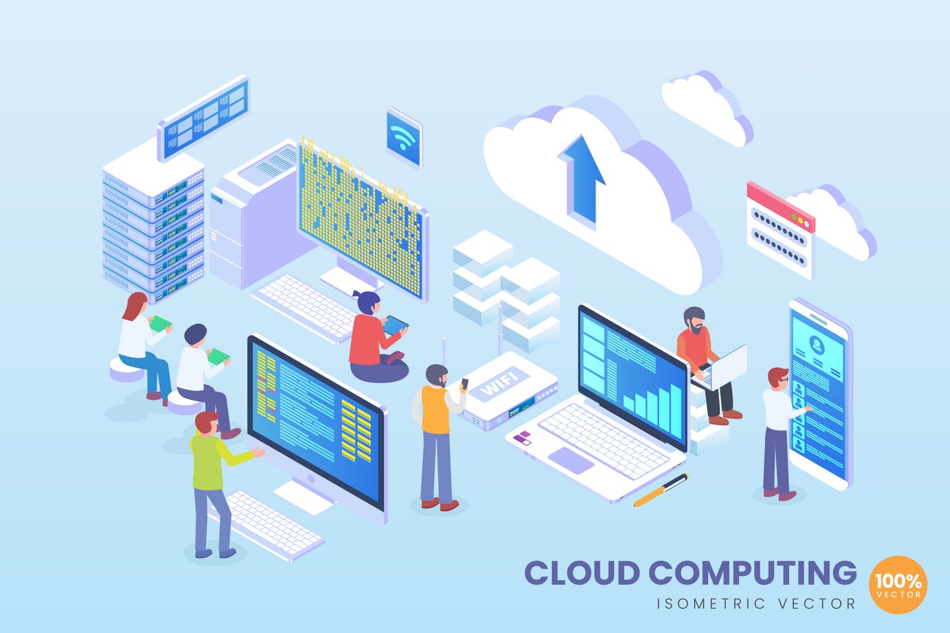 时尚高端3D立体2.5D等轴等距等量云彩计算传媒banner着陆页插画设计模板