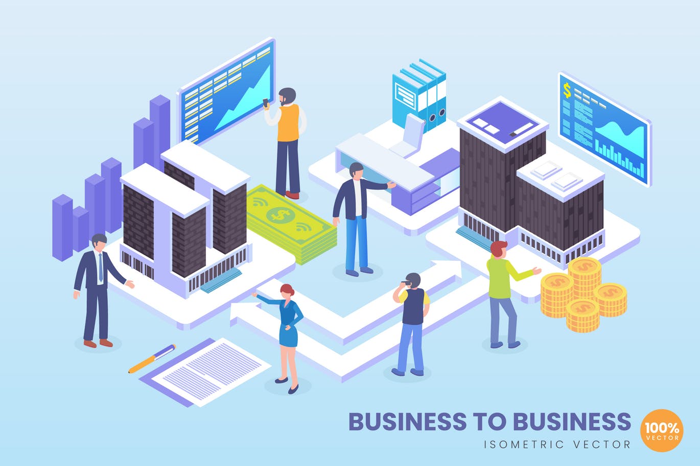 时尚高端3D立体2.5D等轴等距对企业传染媒介概念的等量事务banner着陆页插画海报设计模板