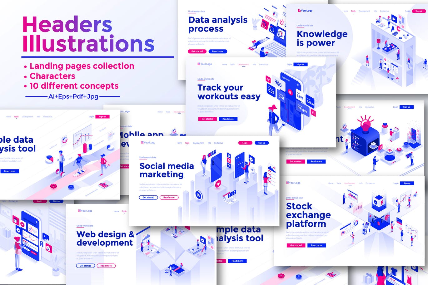 高端时尚3D立体多用途的高品质2.5D等轴等距banner海报插画UI着陆页设计模板集合