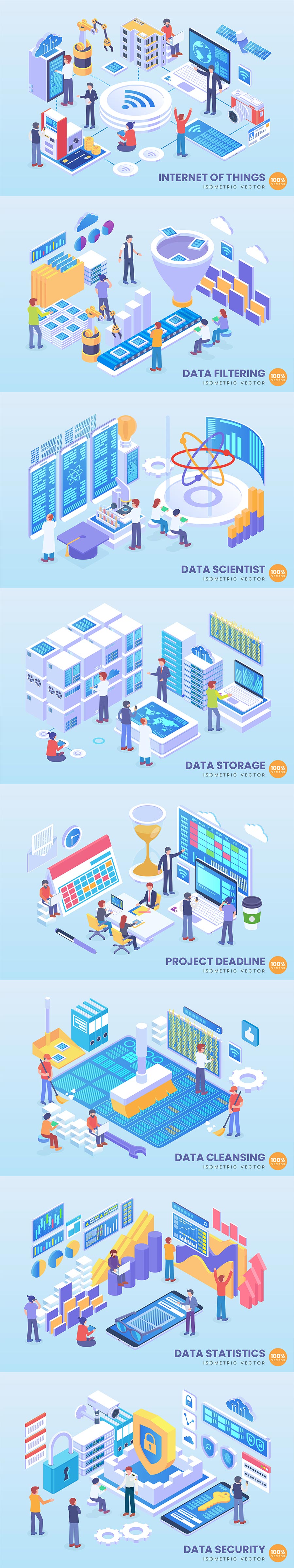 时尚简约3D立体2.5D等轴等距大数据banner海报着陆页插画设计模板集合