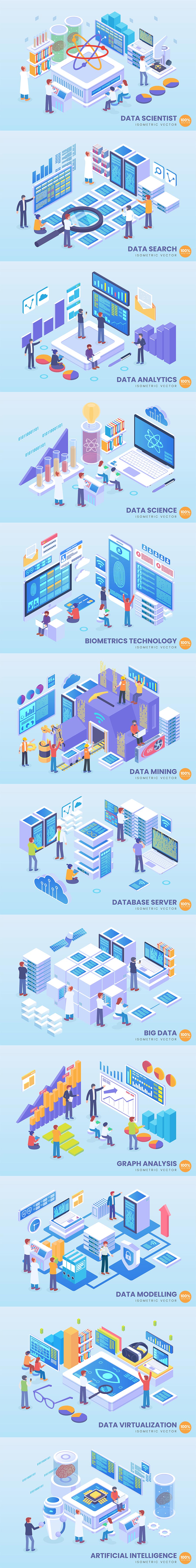 时尚高端简约流行风格的3D立体2.5D等轴等距banner着陆页插画设计模板集合