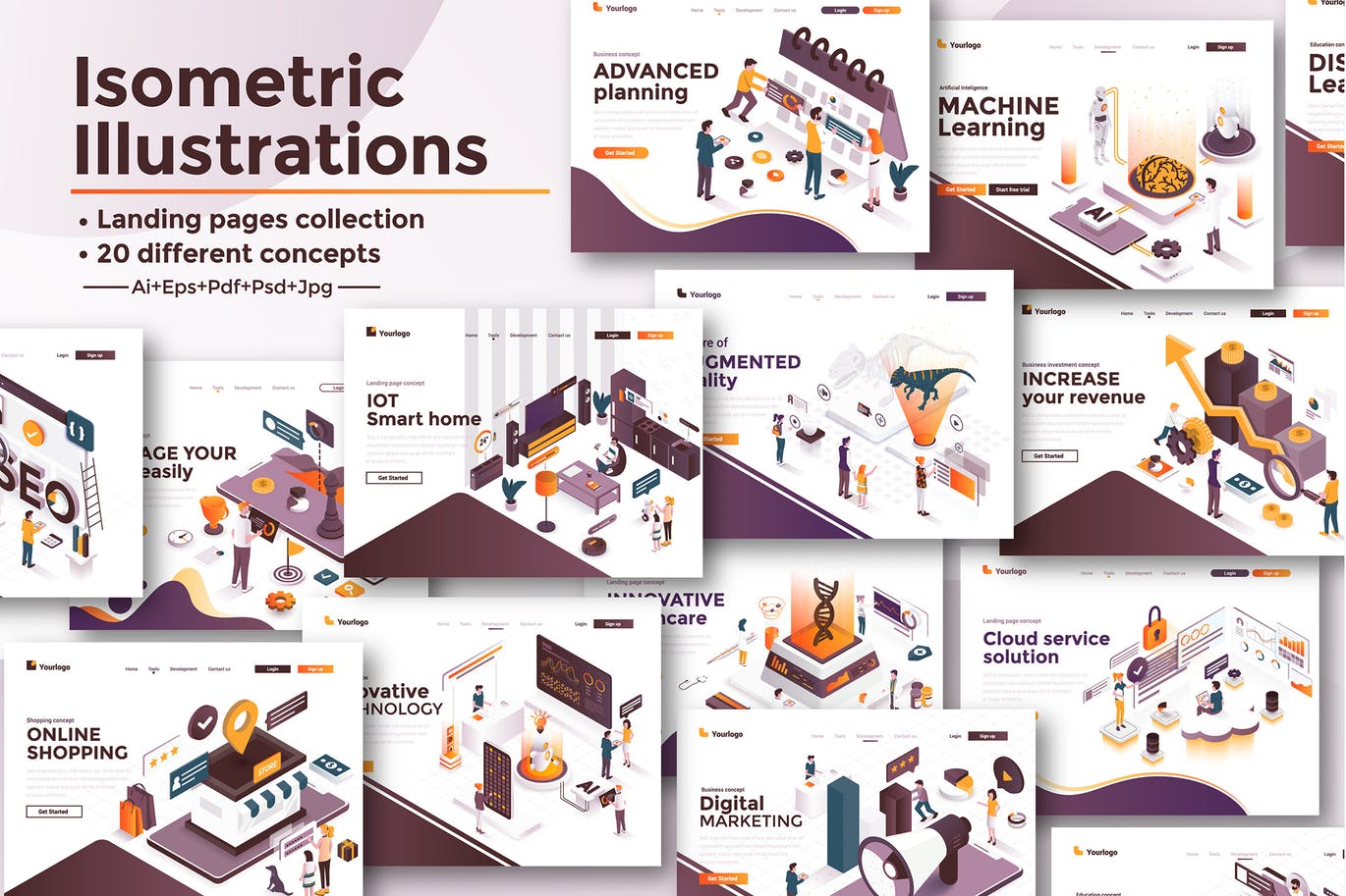 时尚高端流行风格的3D立体2.5D等轴等距登录页面banner海报着陆页设计模板集合