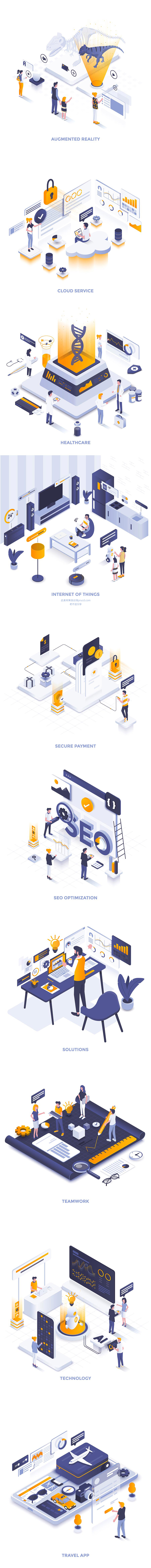 多用途多种类得时尚高端3D立体2.5D等轴等距移动互联网banner插画海报设计模板