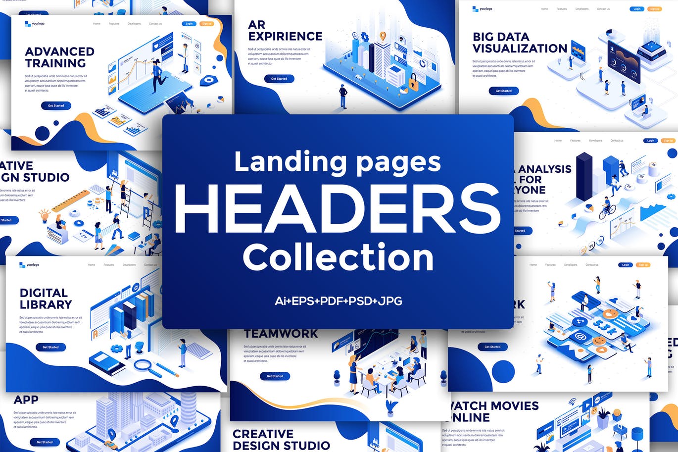 时尚现代高端3D立体2.5D等轴等距平面设计概念banner着陆页插画海报设计模板