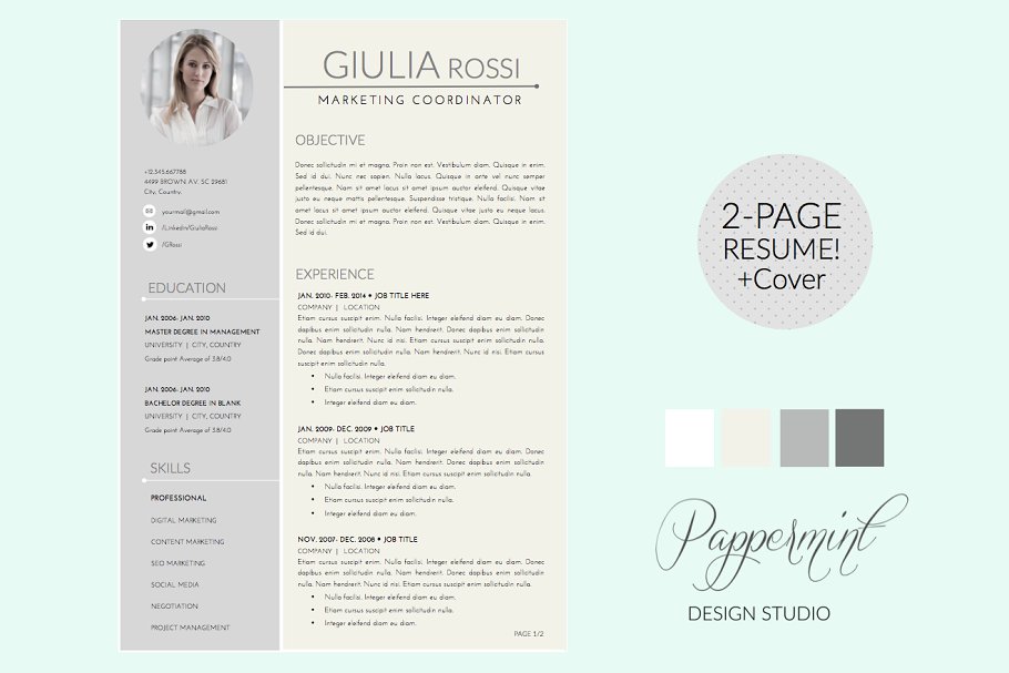 简历设计模板 Giulia Rossi Resume Template + Cover