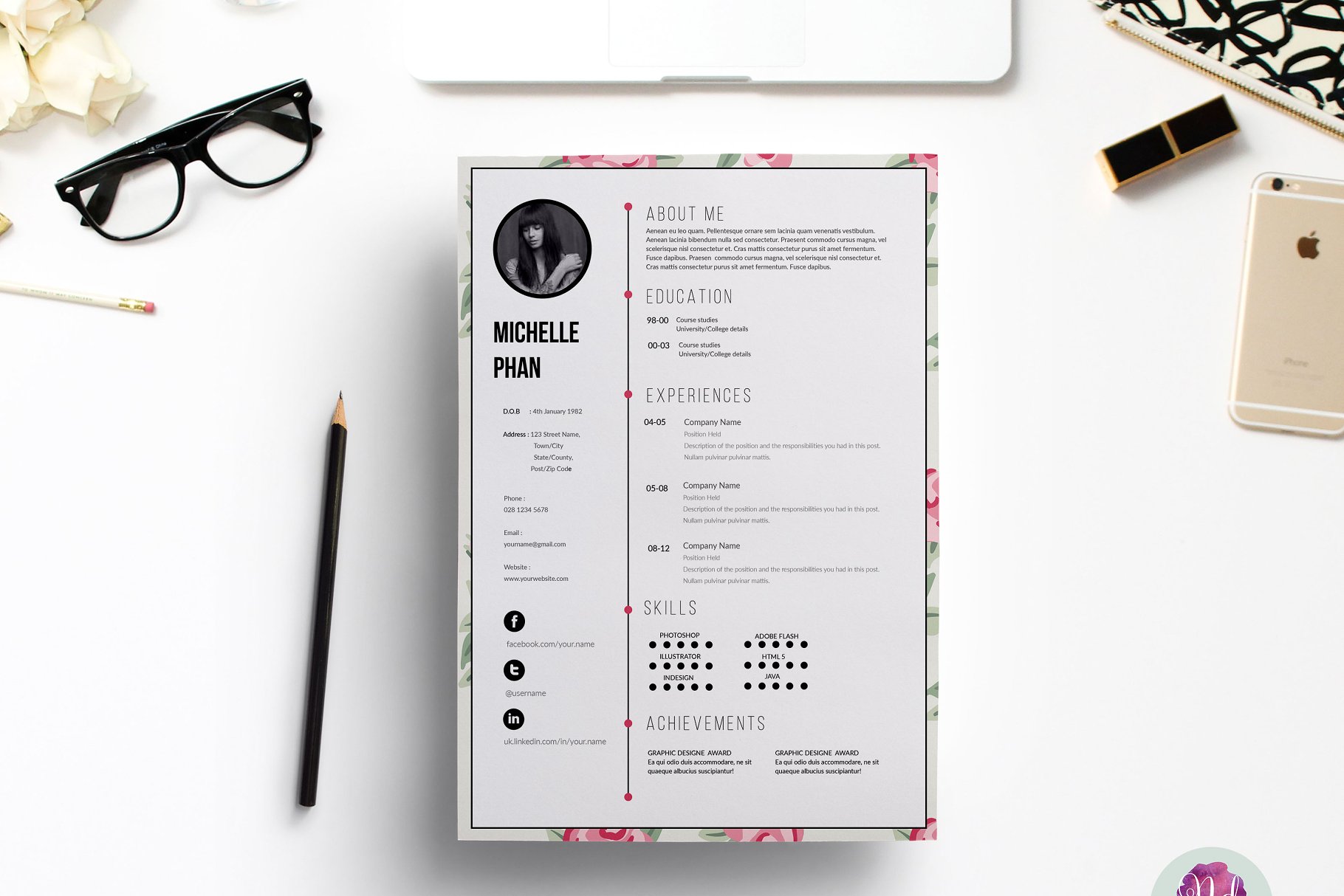 优雅简历模板下载 1 page CV template