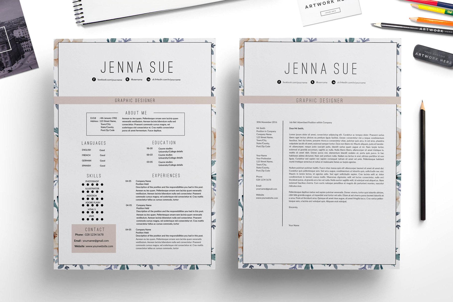 精美简历模板下载 Floral 1 page resume