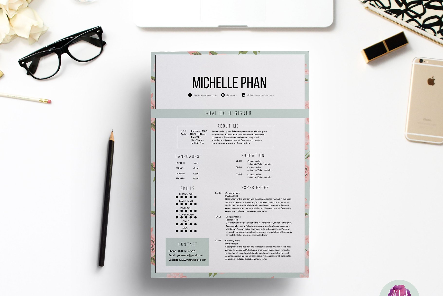 优雅简约花卉简历模板 Elegant , floral CV template