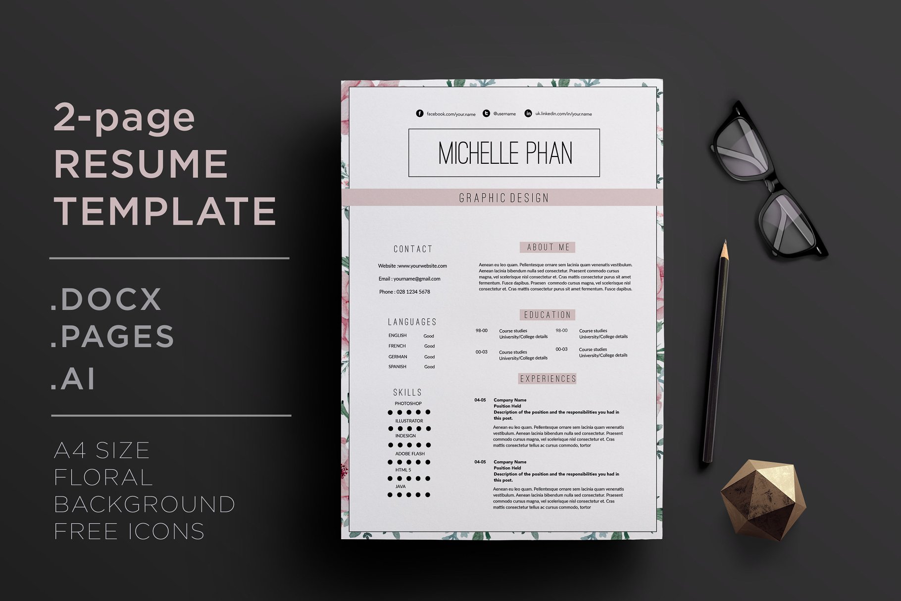 优雅的简历模板 Elegant 2 page CV template