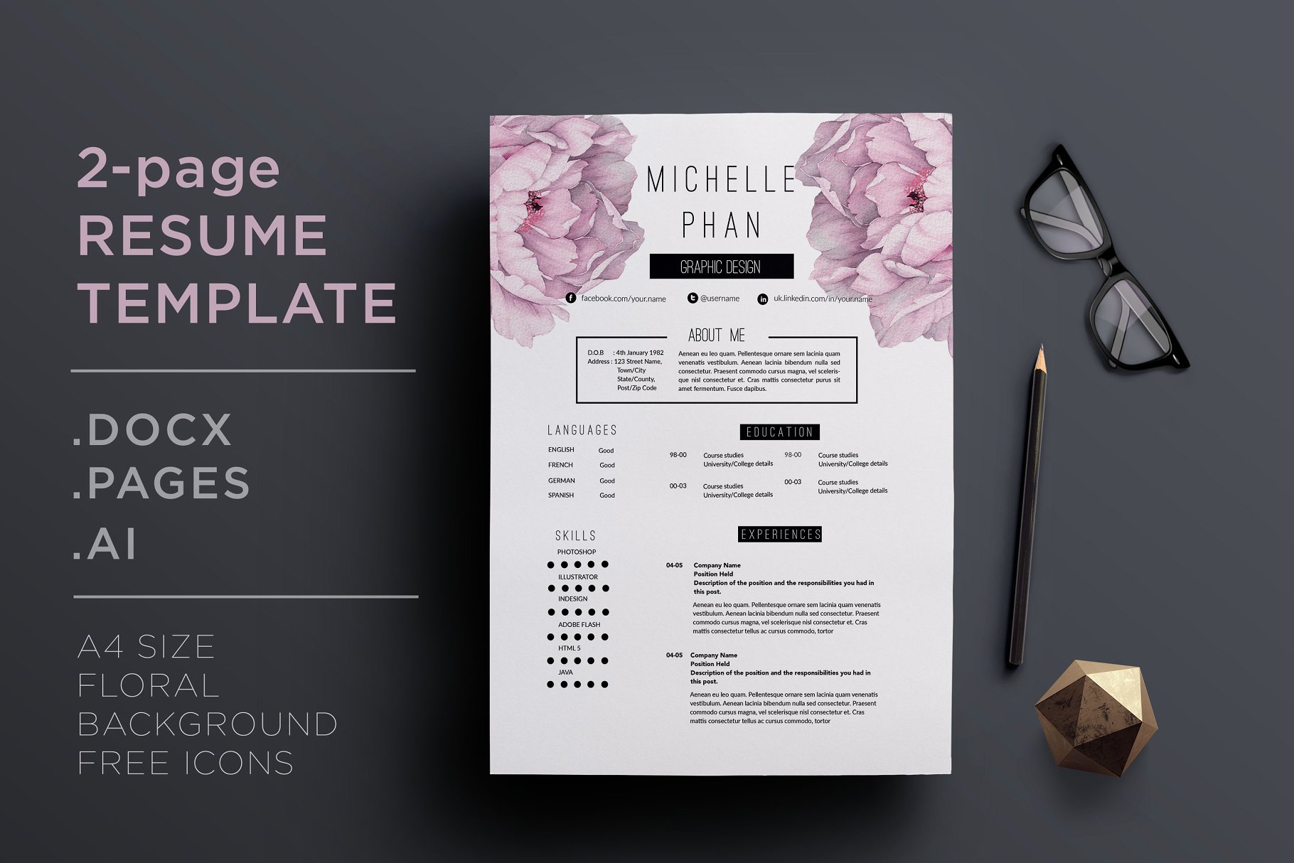 专业精美的简历模板 2 page resume template +cover letter