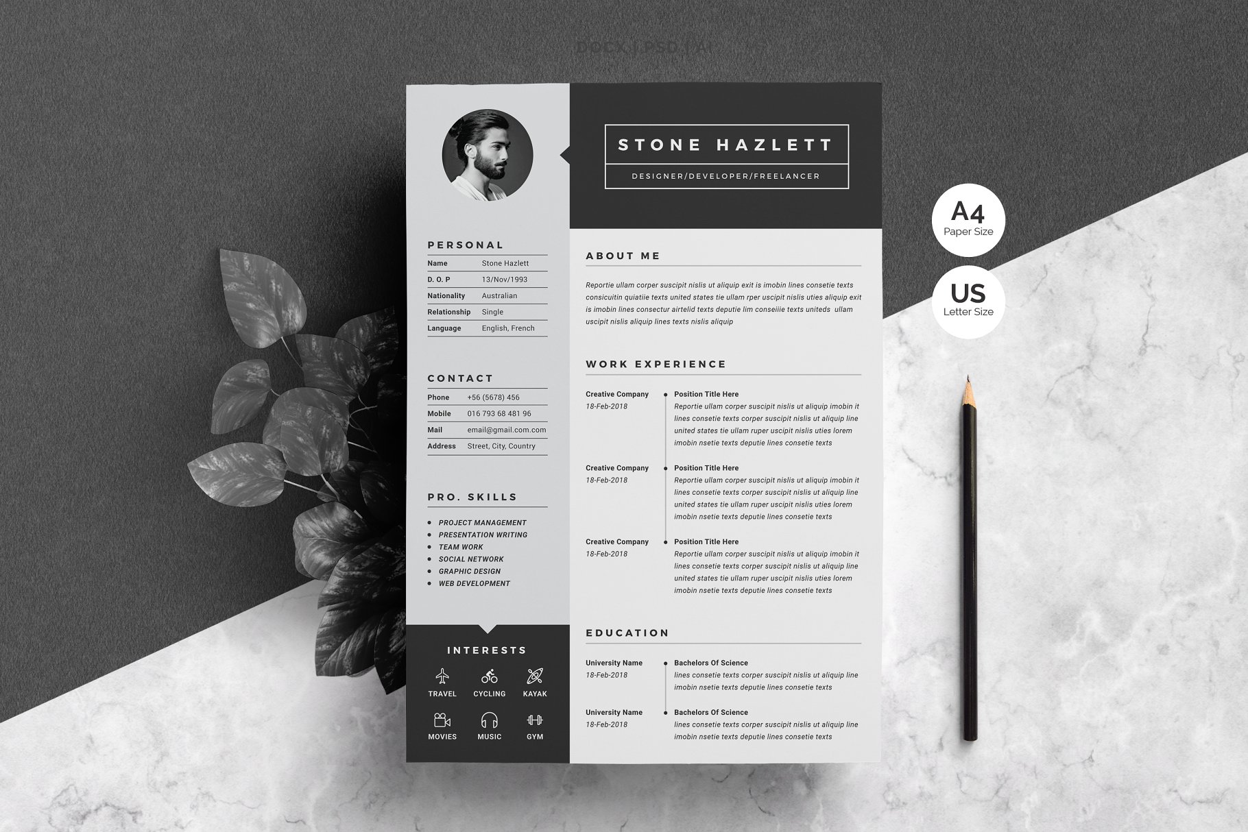 高端黑白简历模板 Resume|CV Template 2 Pages