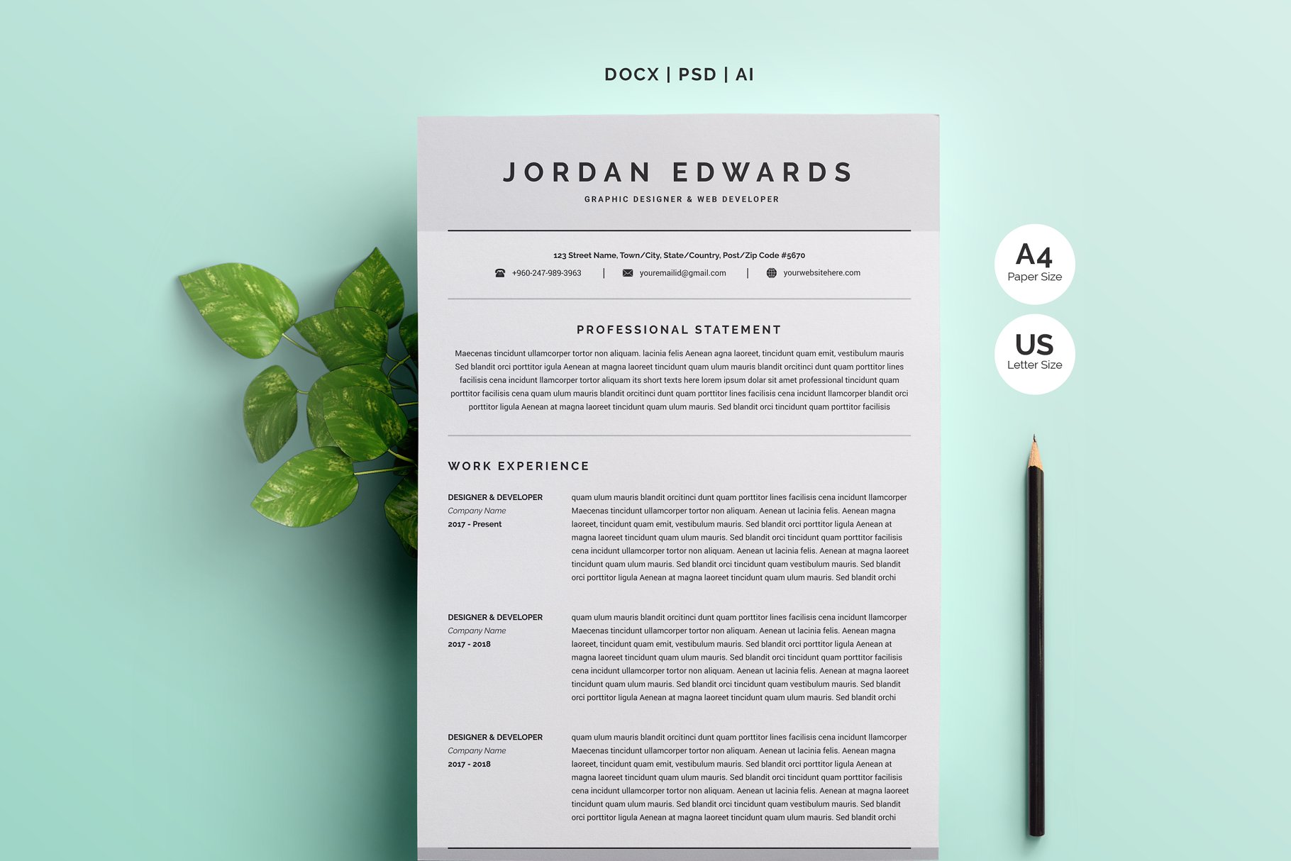 干净的简历模板 Clean Word Resume Template 4 Pages