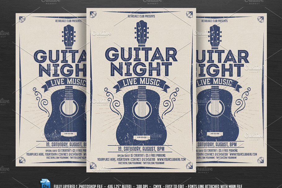 经典音乐晚会传单 Guitar Night-Vintage Music Flyer