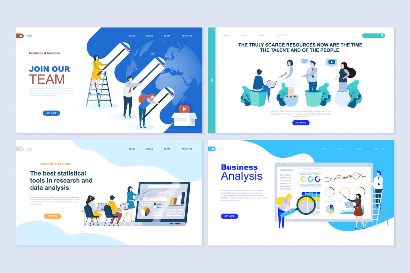 时尚扁平化风格的商业应用程序数据分析职业生涯团队合作的海报banner着陆页模板