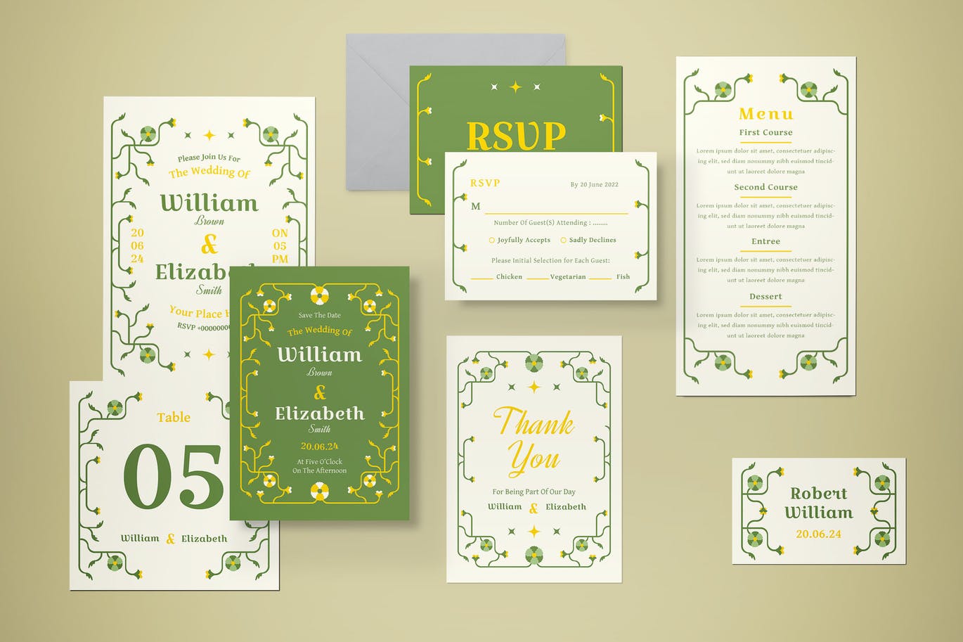 高端时尚清新简约清新花卉婚礼请柬海报VI设计模板-AI, PSD