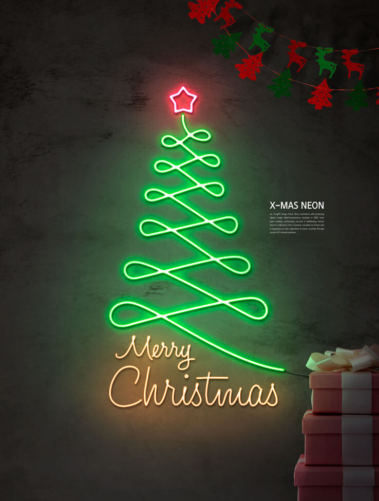 发光线条圣诞树霓虹灯海报素材
