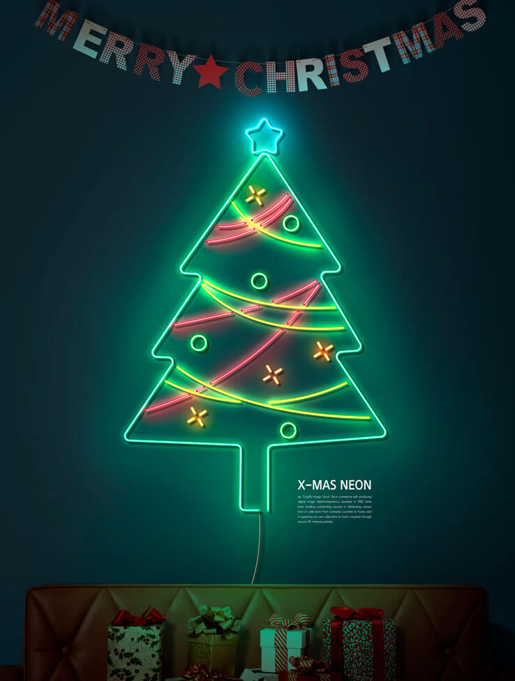 发光圣诞树霓虹灯海报设计模板